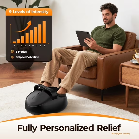 Jiorrts Foot Massager with Heat, 5 Modes & 9-Level Intensity & 3-Speed Vibration, Shiatsu Kneading & Rolling Compression, with Remote & Portable Handle, Fits Up to Men's Size 13, Gift for Women Men