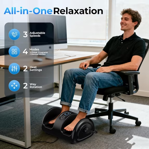 Jiorrts Shiatsu Foot and Calf Massager with Heat – 3 Vibration Speeds and 3 Modes, 3D Deep Kneading & Rolling, Electric Foot Massager with Remote, Machine-Washable Cover